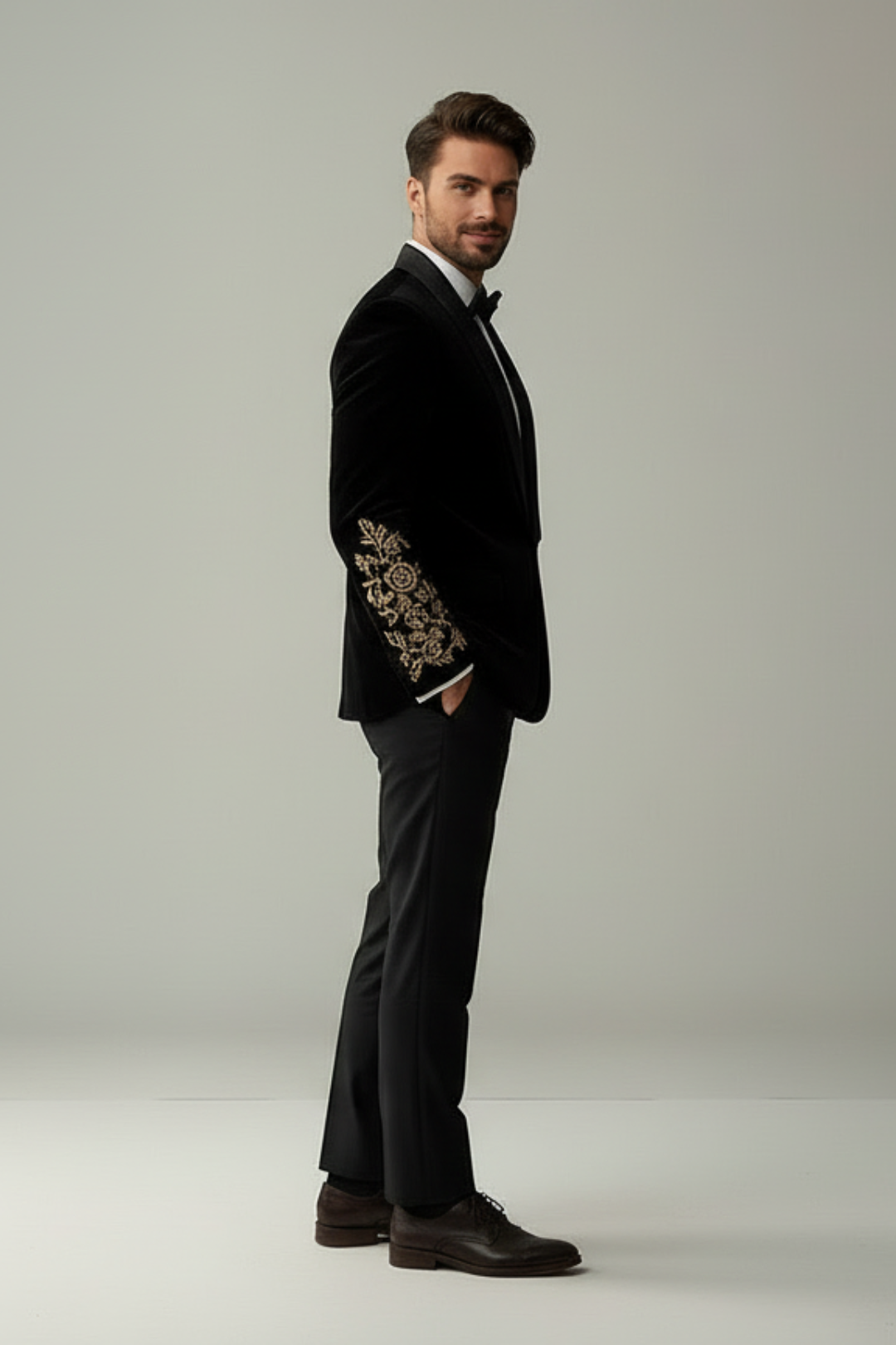 Black Velvet 2 piece  Tuxedo with golden zardosi embroidery
