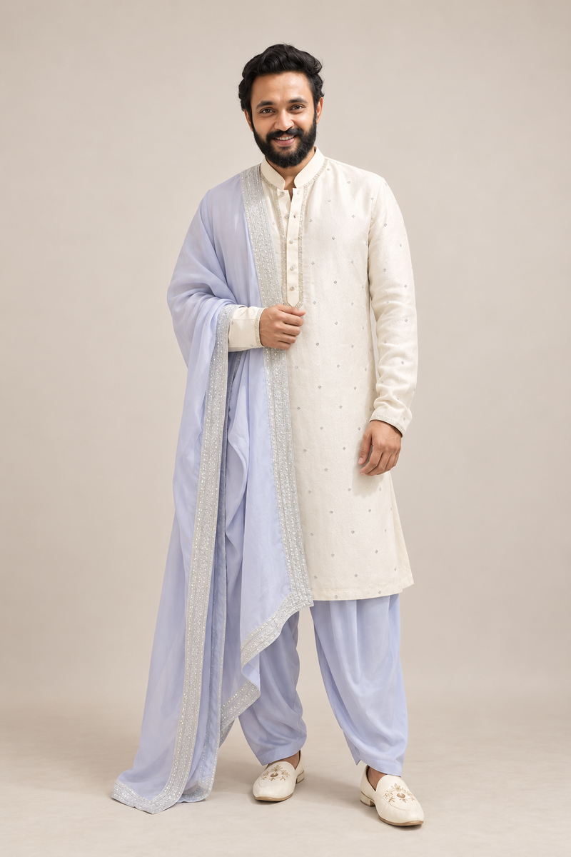 Silver Tissue Pattu Kurta for Men with Subtle Embroidery – Elegant Wedding & Festive Ethnic Wear