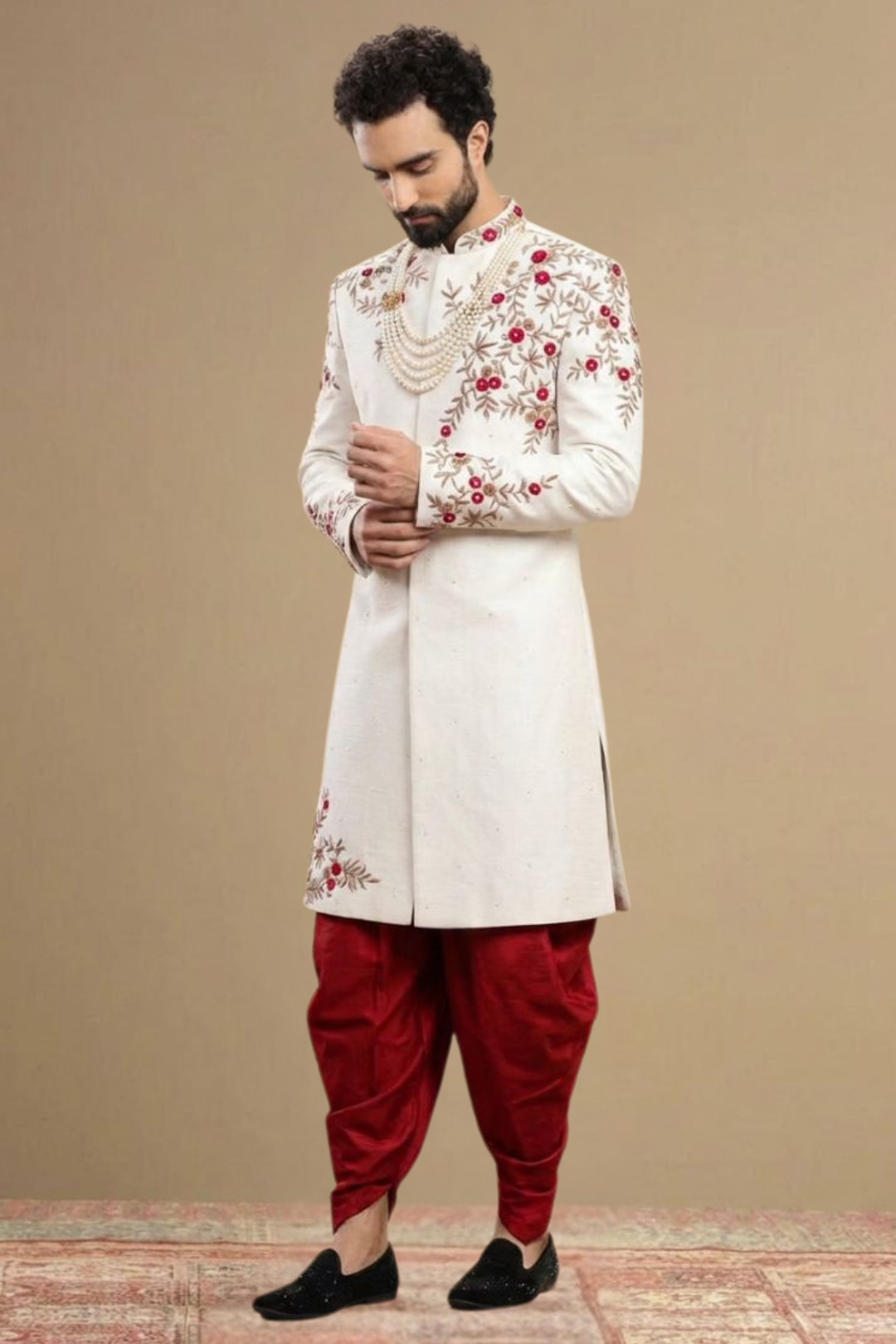 Classic Ivory Sherwani with Hand Embroidery and Red Churidar