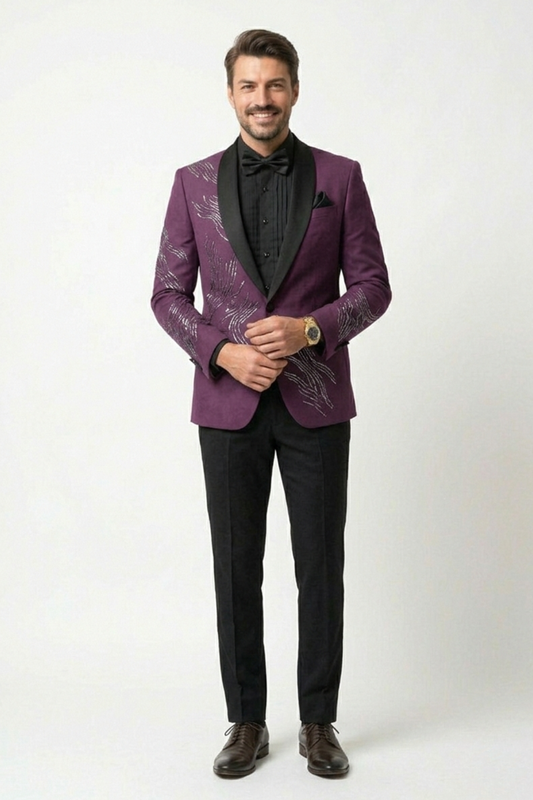 Plum Purple Shawl Lapel Embellished Tuxedo