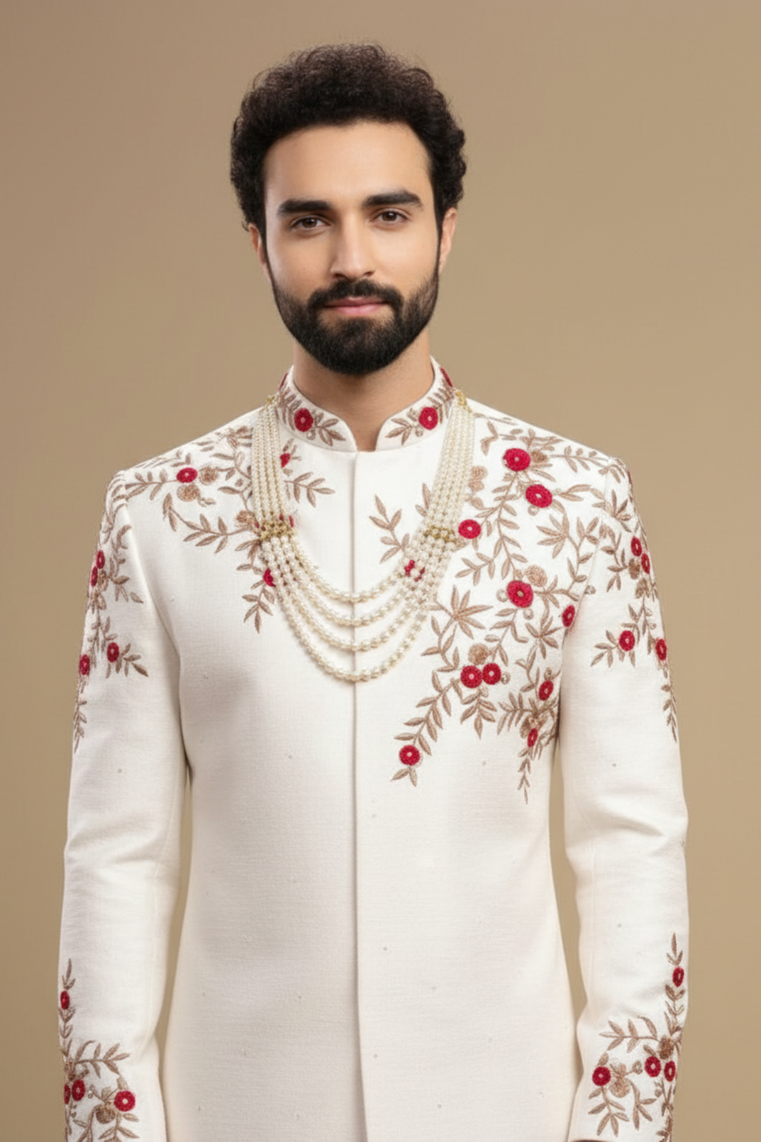 Classic Ivory Sherwani with Hand Embroidery and Red Churidar