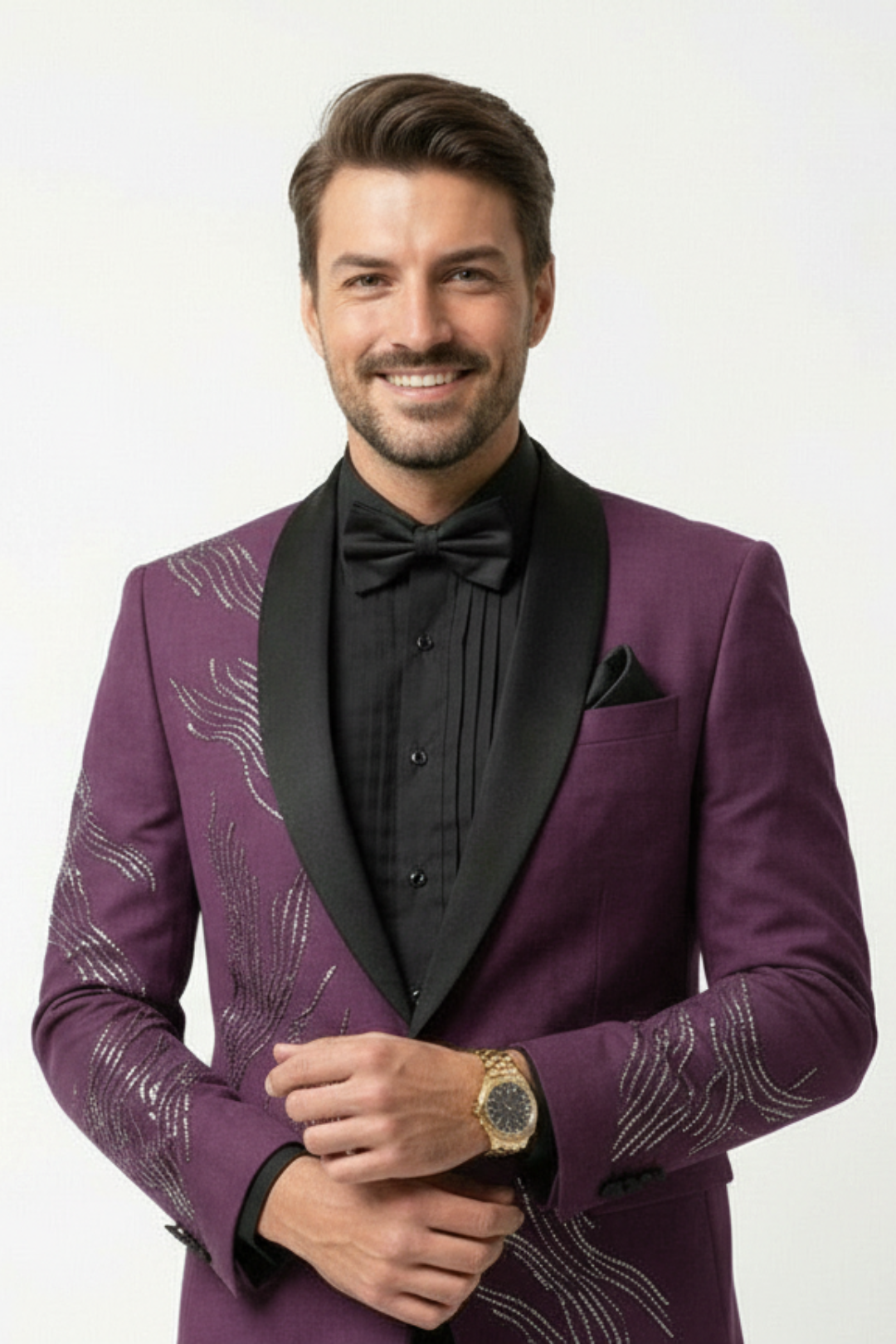 Plum Purple Shawl Lapel Embellished Tuxedo