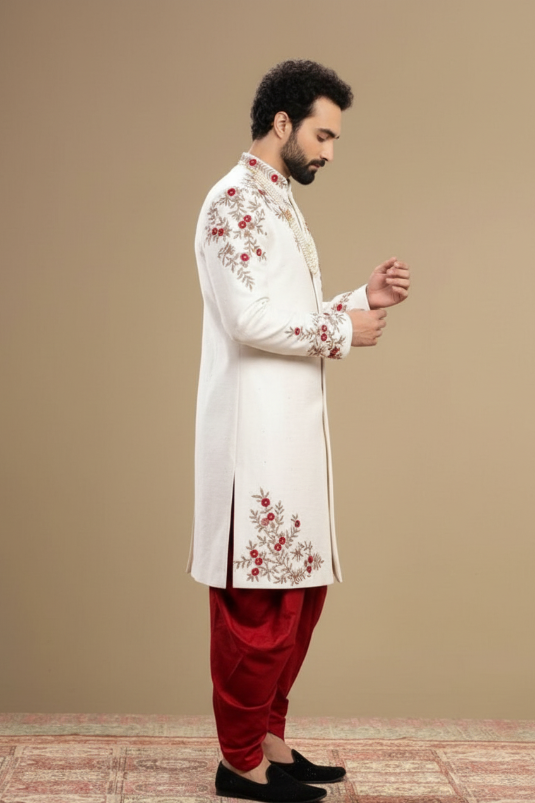 Classic Ivory Sherwani with Hand Embroidery and Red Churidar