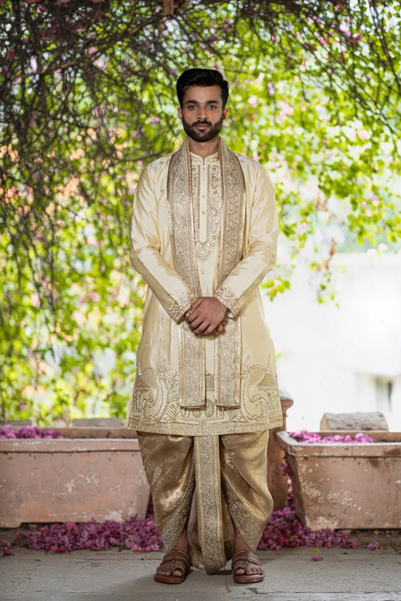 Airavata Pattu Pancha Set for Men | Luxury Wedding Dhoti with Stole | Traditional Indian Groom Wear