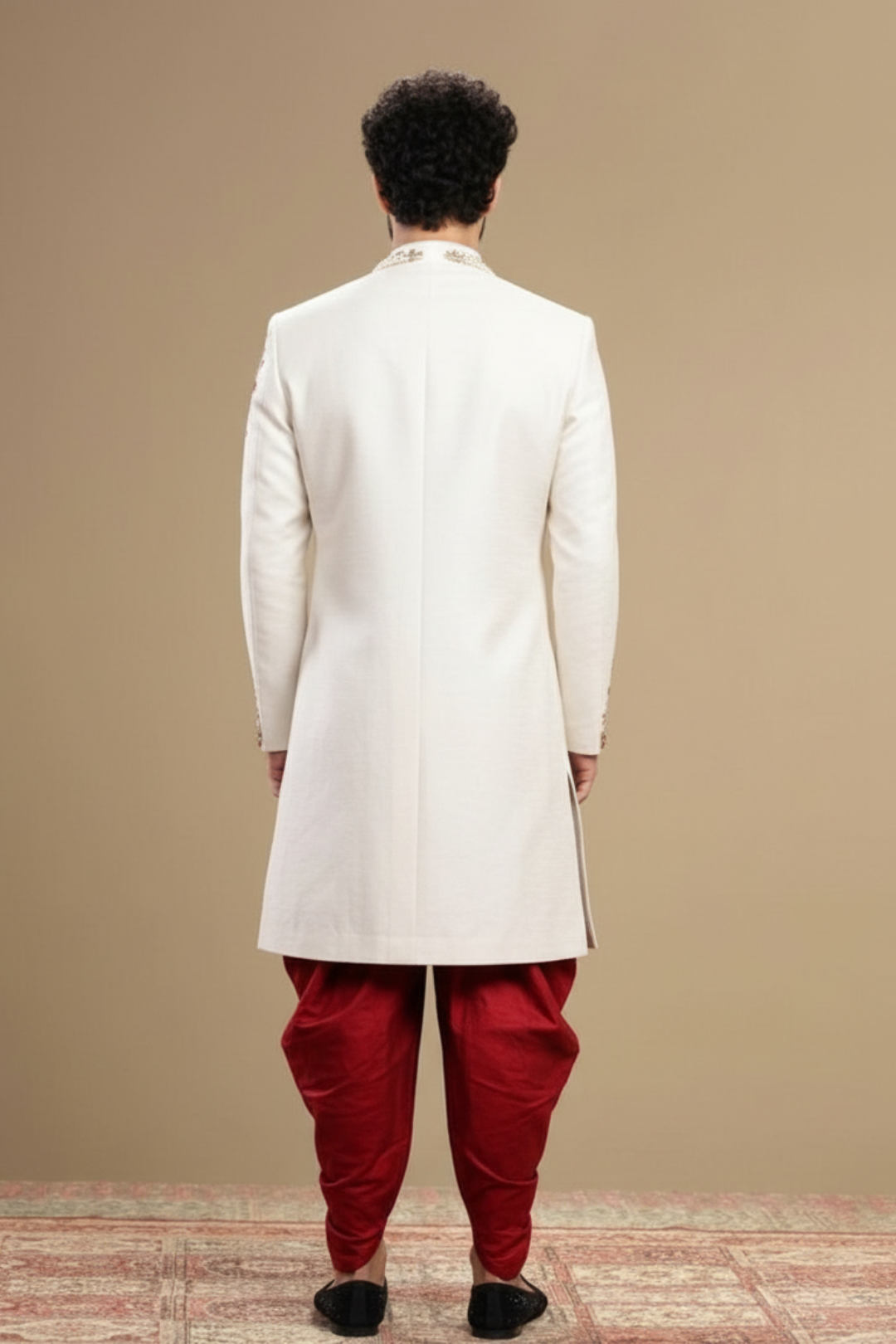 Classic Ivory Sherwani with Hand Embroidery and Red Churidar