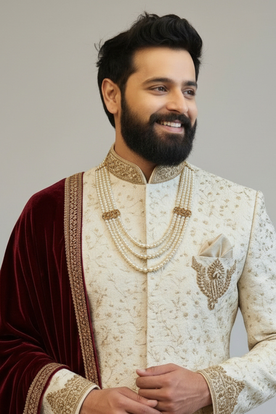 Man wearing a traditional embroidered outfit with a plain background