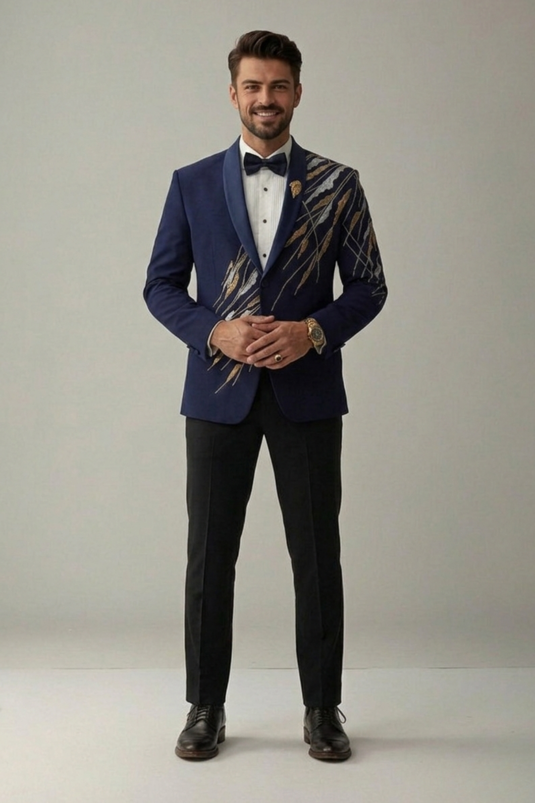 Diagonal embroidered ink blue tuxedo with trouser