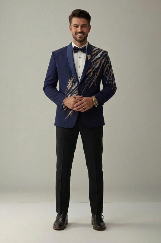 Diagonal embroidered ink blue tuxedo with trouser