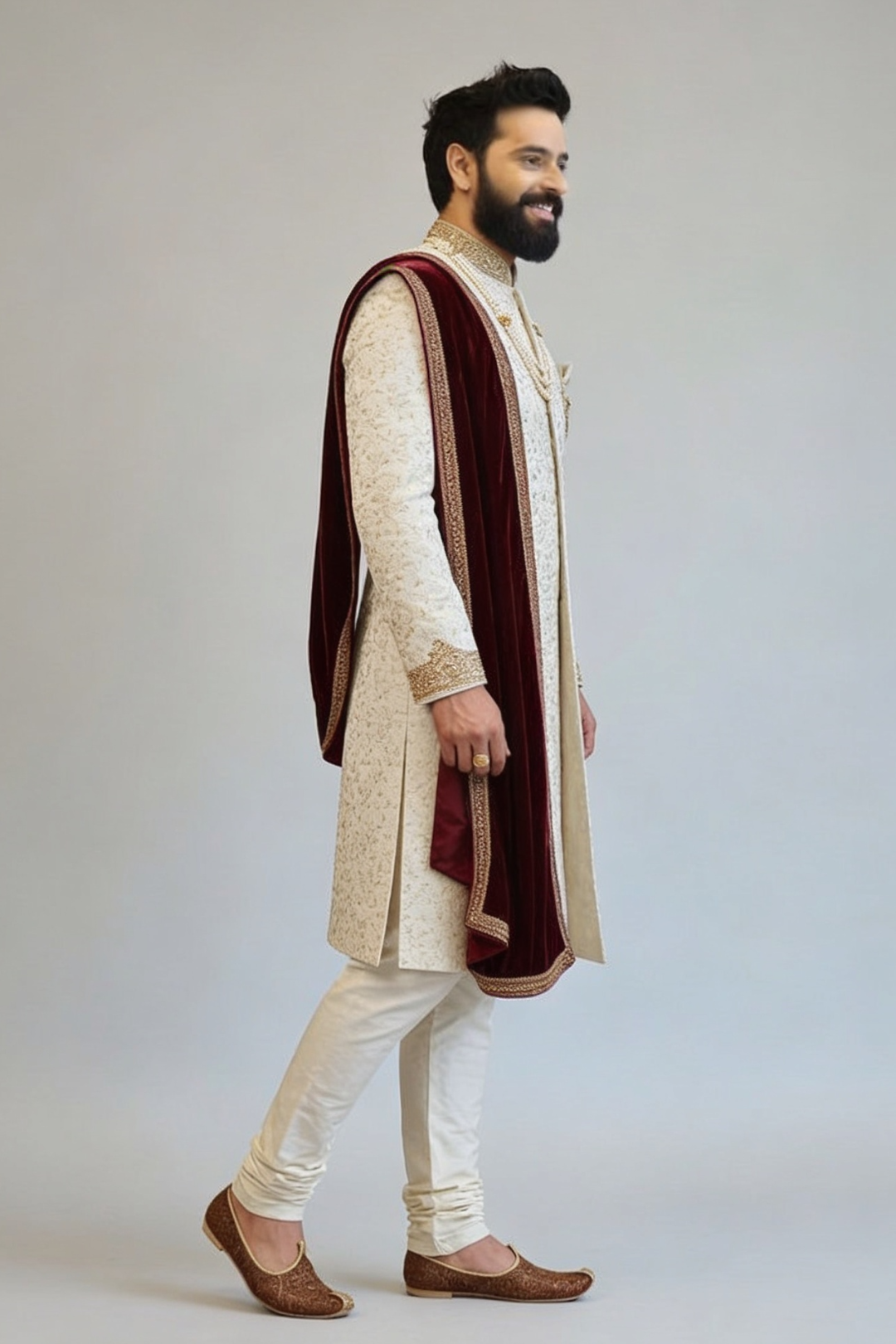 Man wearing a traditional sherwani with a maroon shawl on a plain background