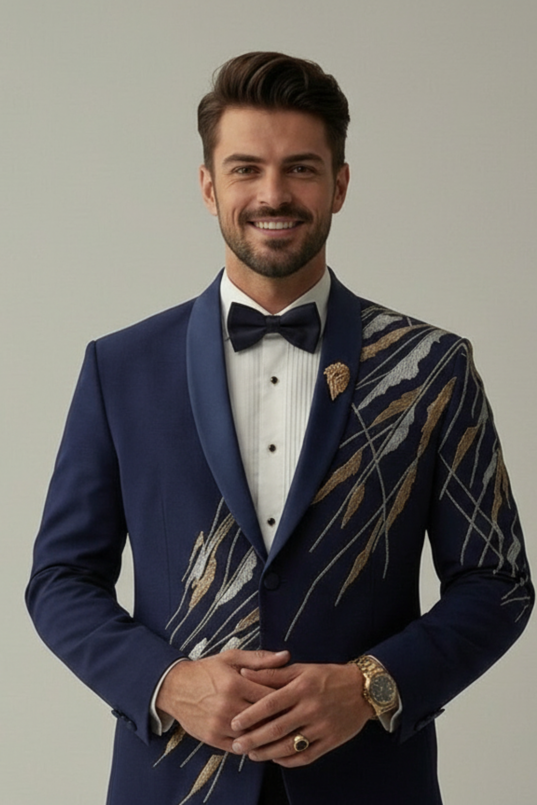 Diagonal embroidered ink blue tuxedo with trouser