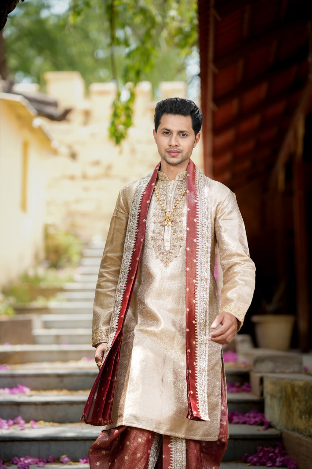 Swarna Tejas Luxury Men's Wedding Dhoti Set with Stole | Traditional Indian Groom Wear