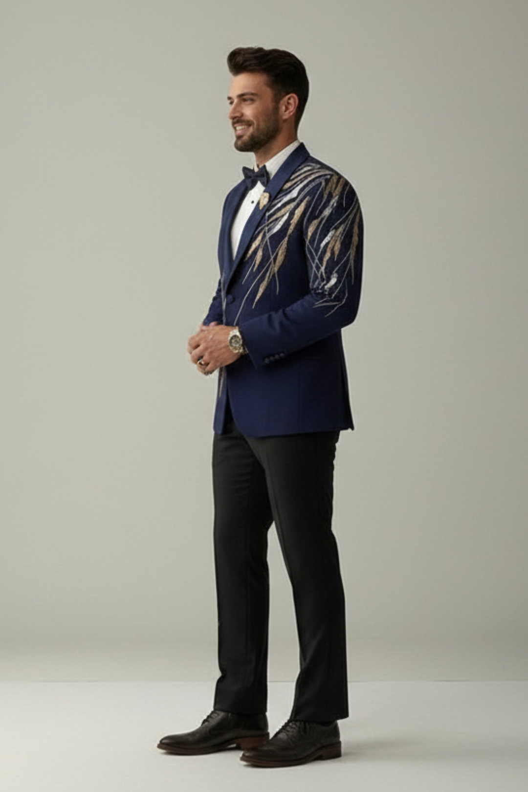 Diagonal embroidered ink blue tuxedo with trouser