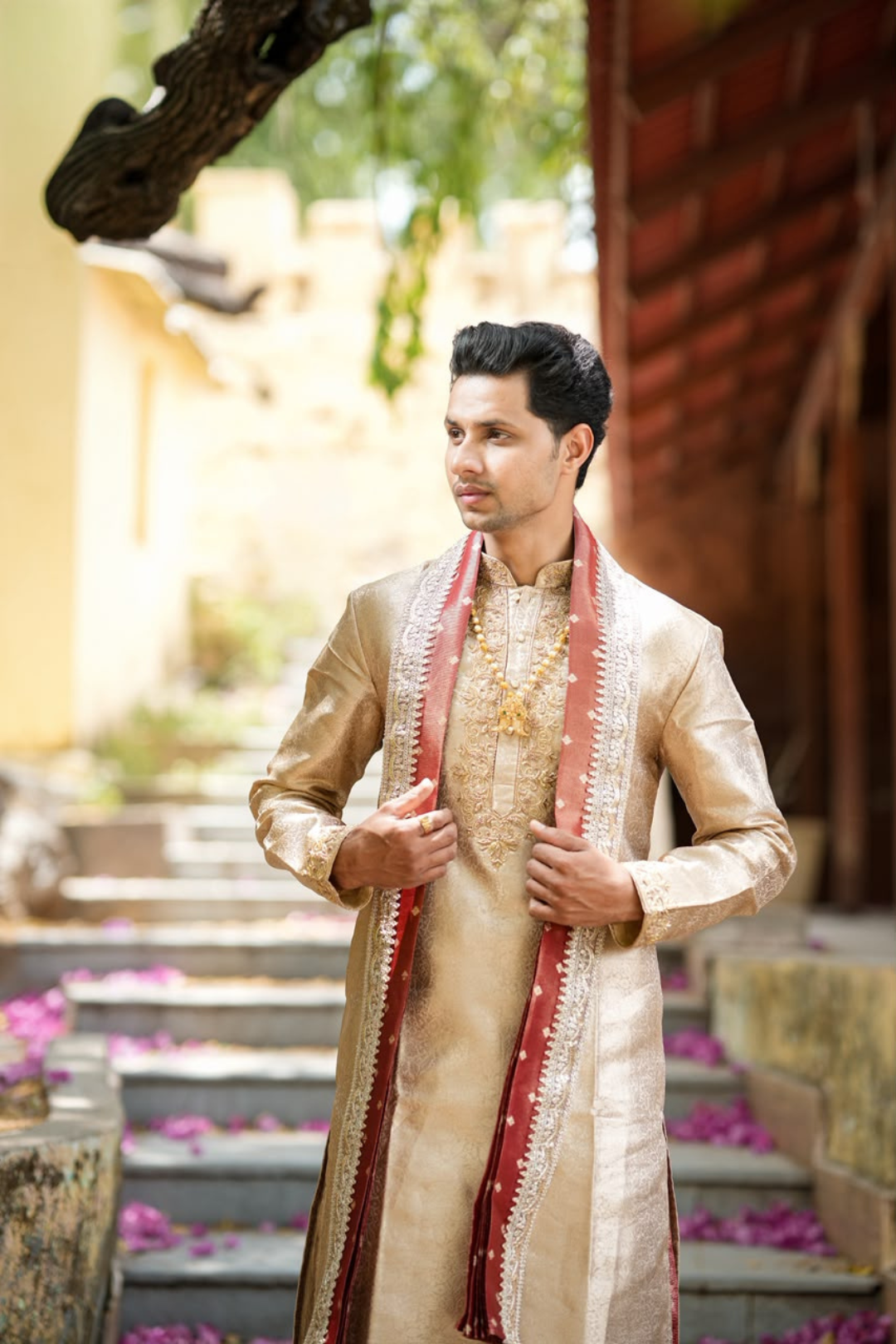 Swarna Tejas Luxury Men's Wedding Dhoti Set with Stole | Traditional Indian Groom Wear