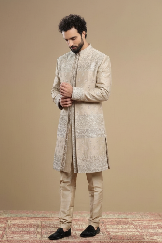Classic Beige Hand-Embroidered Wedding Indo-western