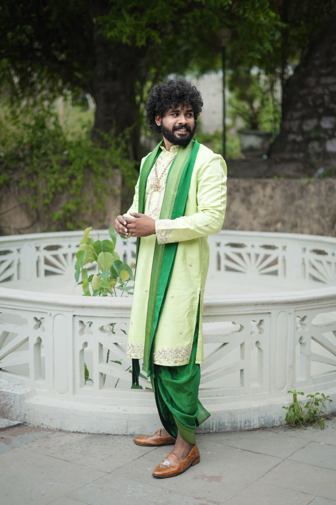 Emerald Heritage Kurta, Dhoti & Stole Set | Premium Embroidered Men's Wedding & Festive Ethnic Wear