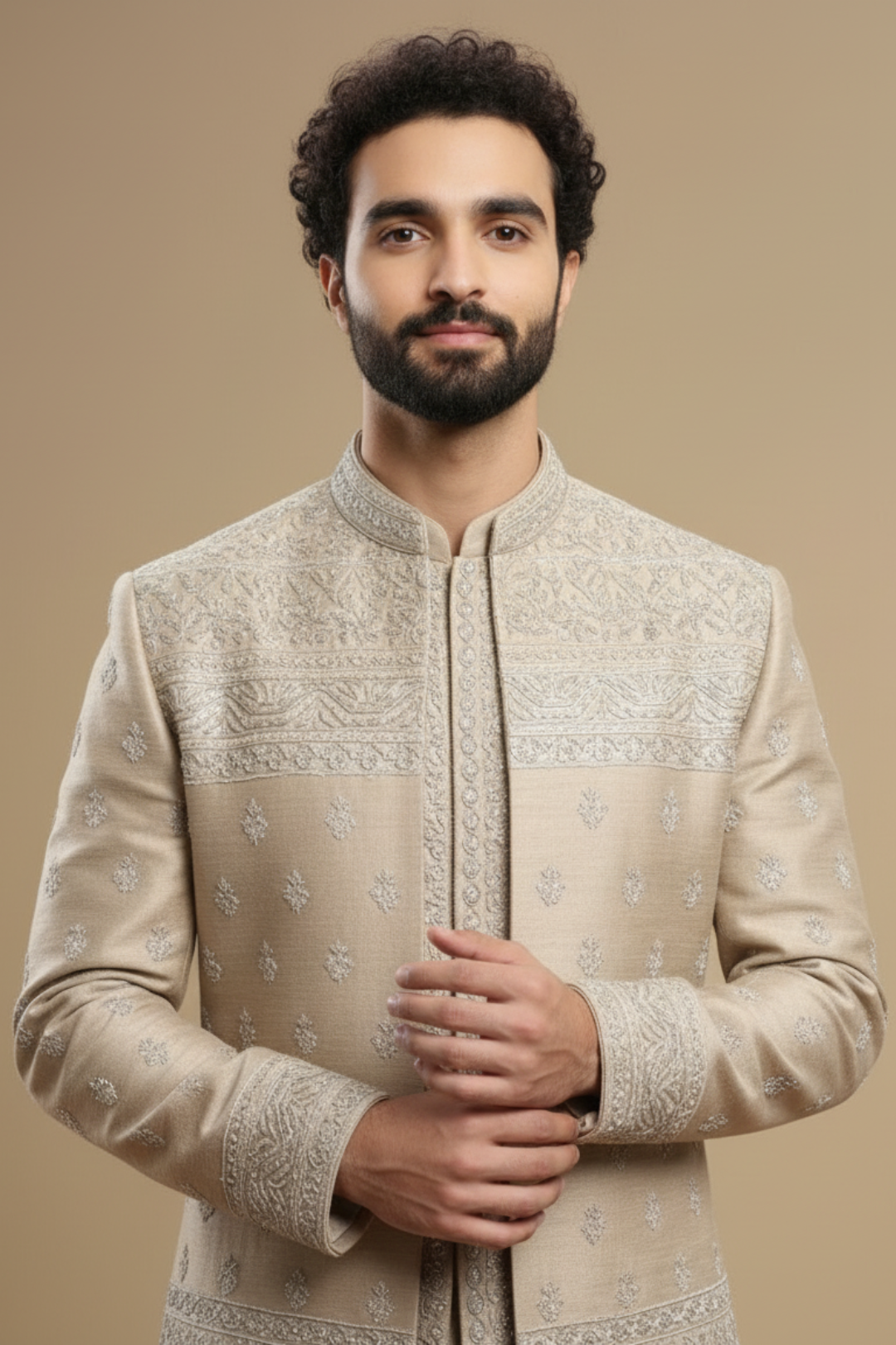 Classic Beige Hand-Embroidered Wedding Indo-western