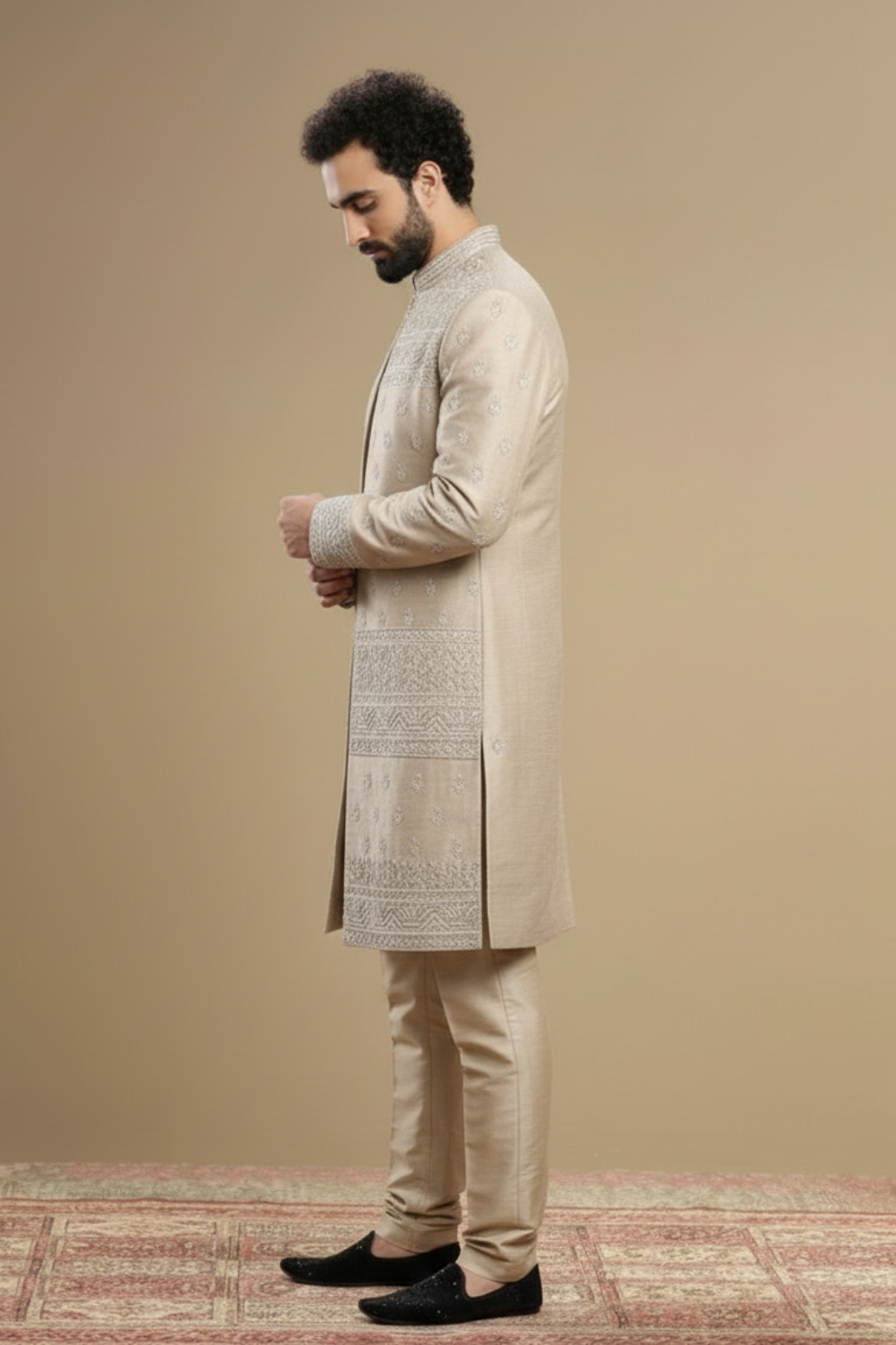 Classic Beige Hand-Embroidered Wedding Indo-western