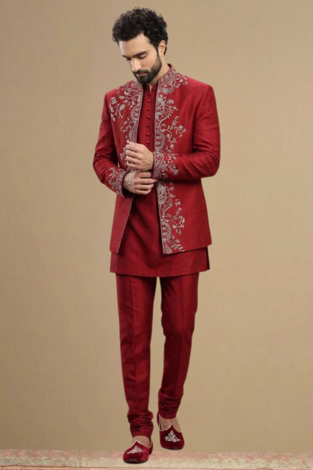 Classic Maroon Indo-Western Sherwani with Traditional Motifs