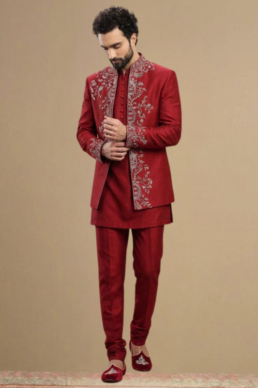Classic Maroon Indo-Western Sherwani with Traditional Motifs