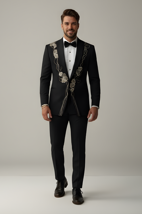 Abstract Floral embroidered Black Tuxedo with trouser