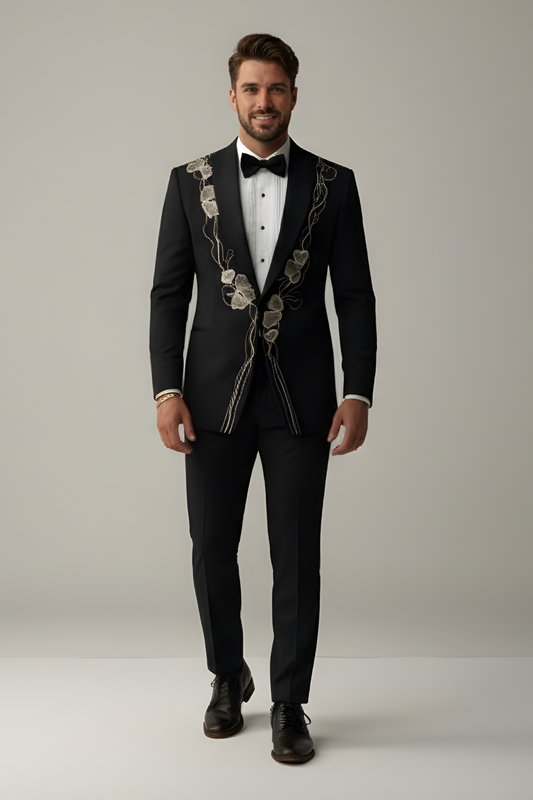 Abstract Floral embroidered Black Tuxedo with trouser
