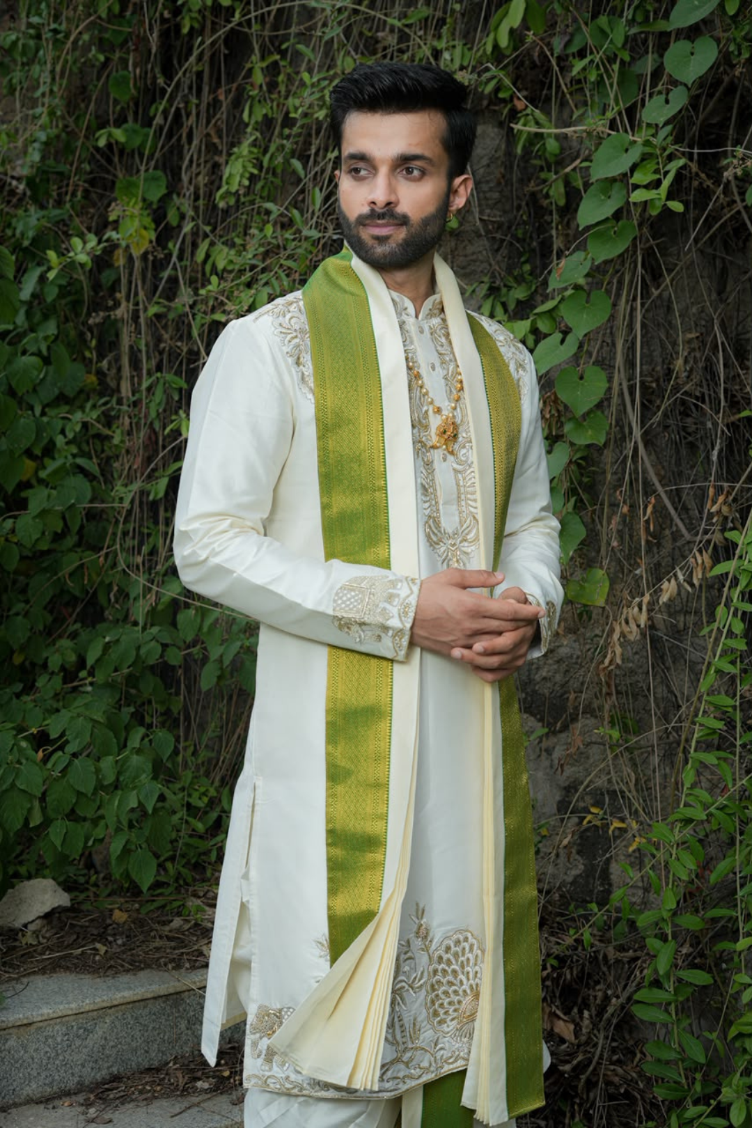 Mayur Vibhavam Kurta, Dhoti & Stole Set | Premium Peacock Embroidered Men's Wedding & Festive Ethnic Wear
