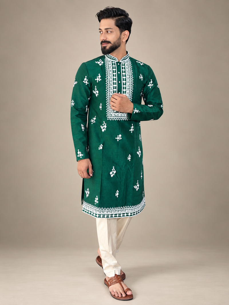 Bottle Green Embroidered Kurta