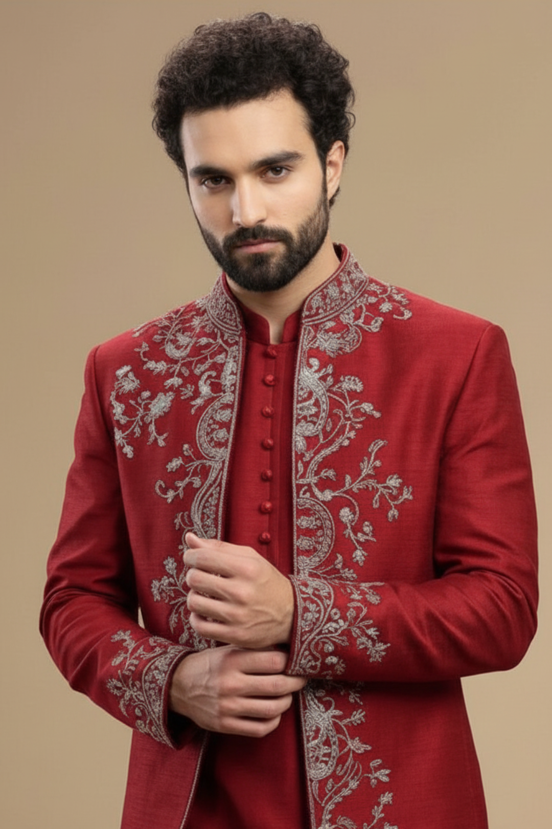 Classic Maroon Indo-Western Sherwani with Traditional Motifs