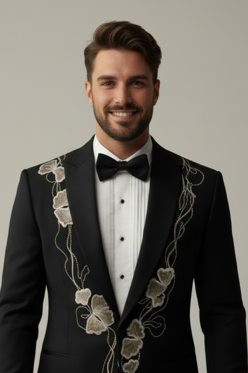 Abstract Floral embroidered Black Tuxedo with trouser