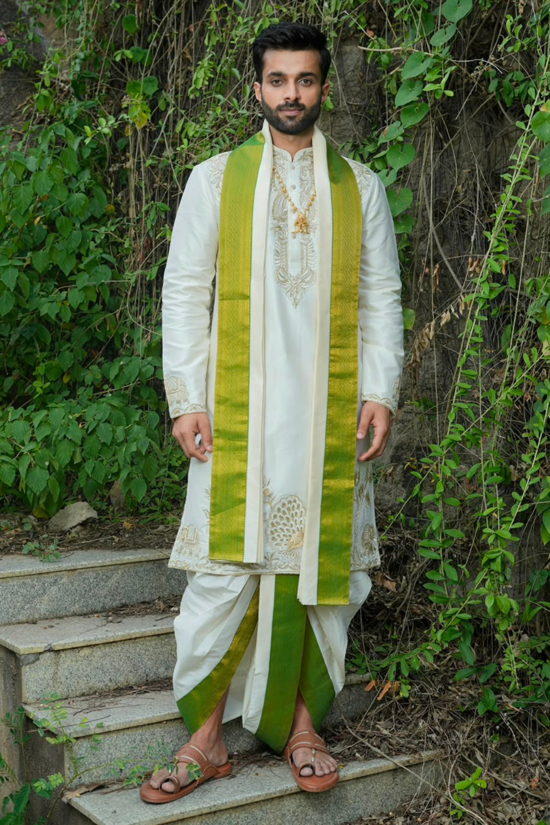 Mayur Vibhavam Kurta, Dhoti & Stole Set | Premium Peacock Embroidered Men's Wedding & Festive Ethnic Wear