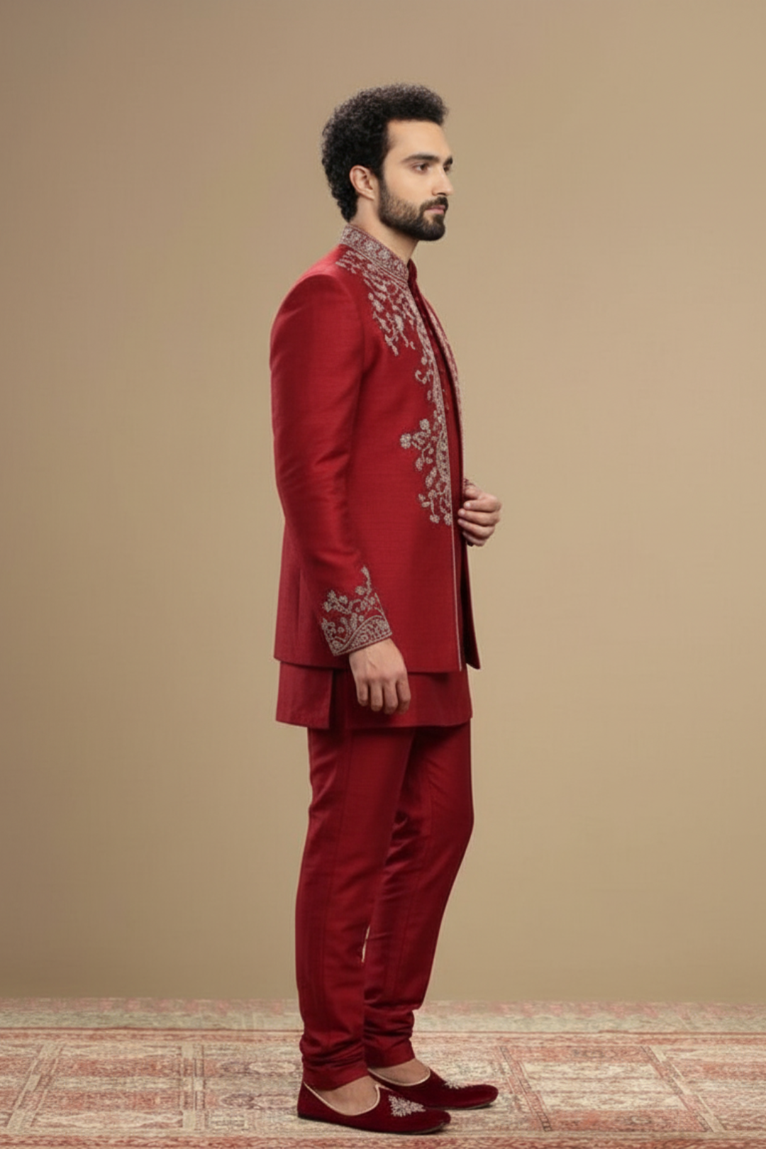 Classic Maroon Indo-Western Sherwani with Traditional Motifs
