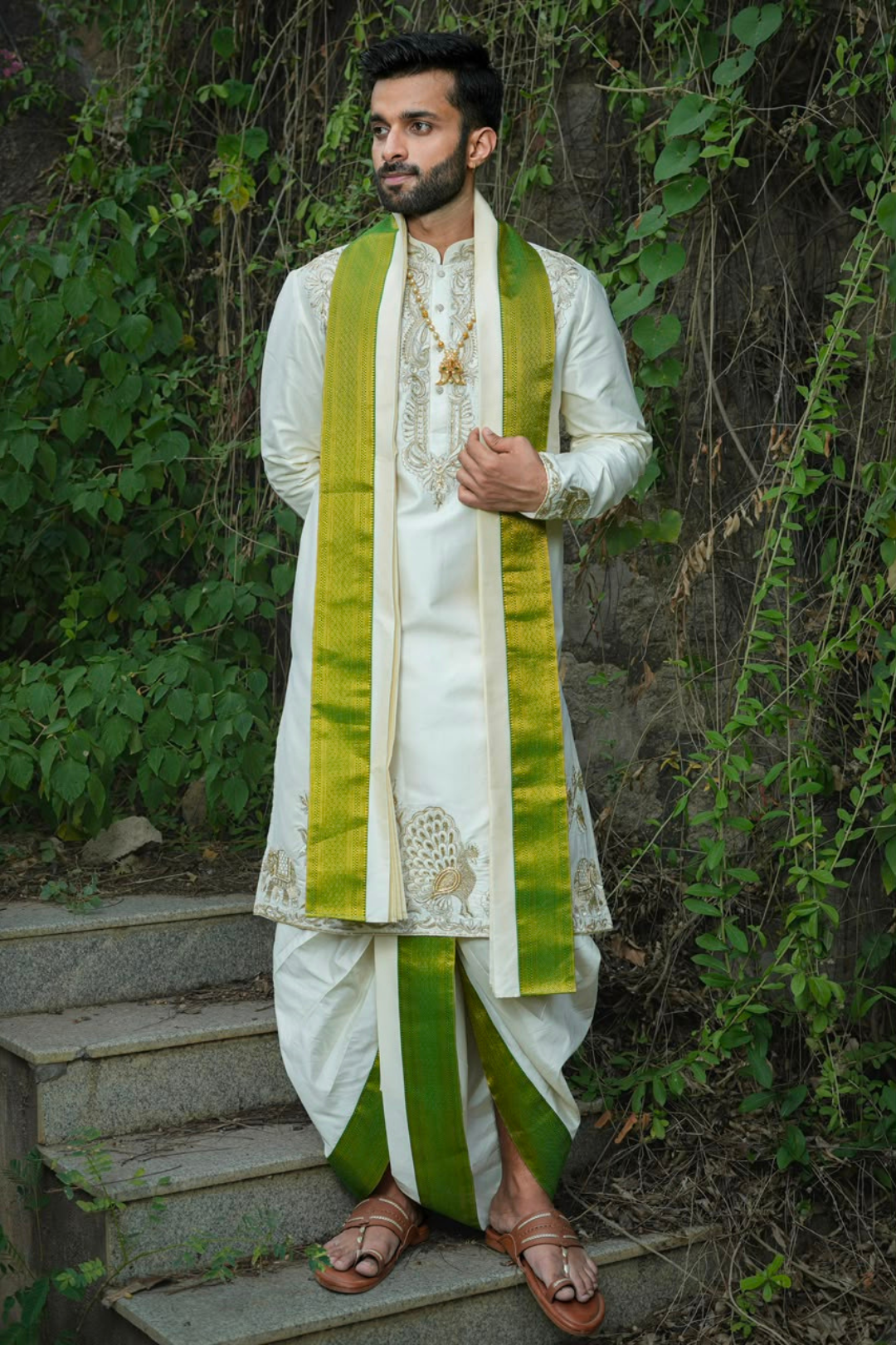 Mayur Vibhavam Kurta, Dhoti & Stole Set | Premium Peacock Embroidered Men's Wedding & Festive Ethnic Wear