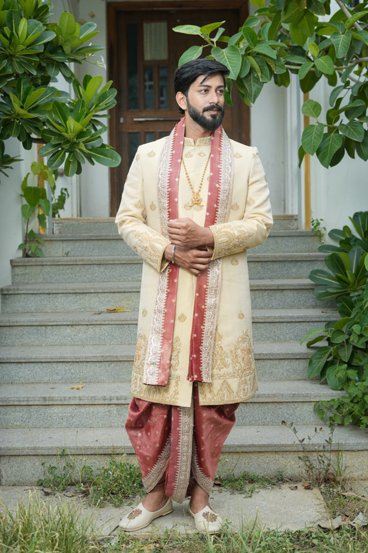 Yalli Sherwani Kurta, Dhoti & Stole Set | Premium Men's Designer Wedding & Festive Ethnic Wear