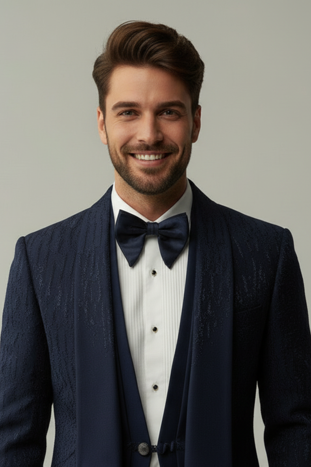 Man wearing a navy blue suit with a bow tie against a plain background