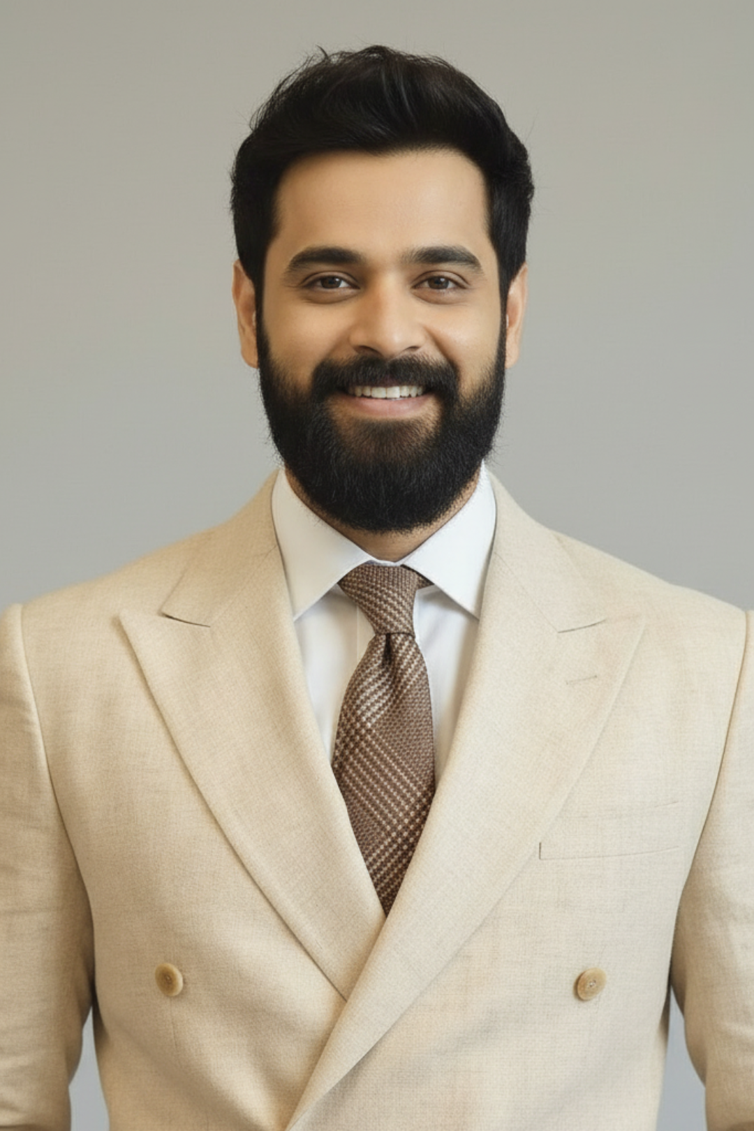 Man wearing a beige suit with a brown tie against a plain background