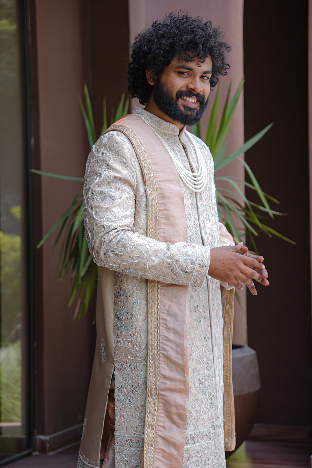 Ivory & Blush Pink Embroidered Groom Sherwani Set with Stole