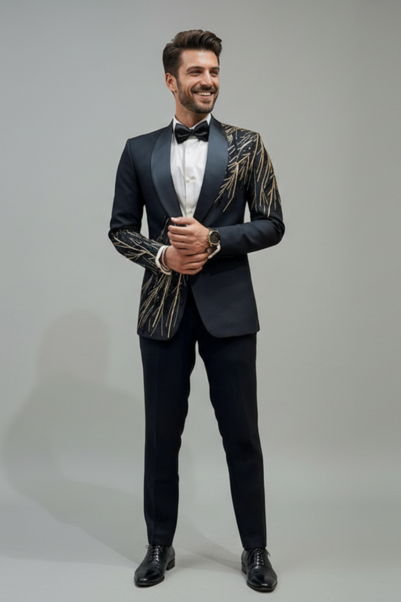 Black Designer Geometric Patterned Tuxedo