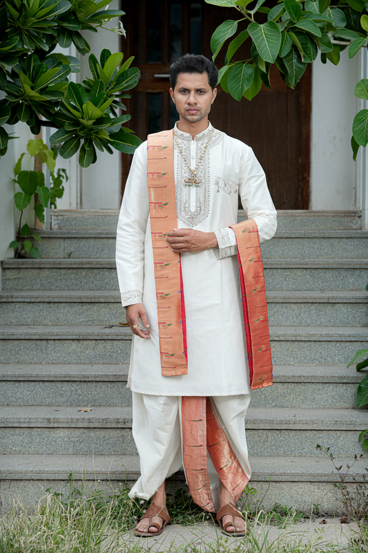 Swarna Sparsha Kurta, Dhoti & Stole Set | Premium Embroidered Men's Wedding & Festive Ethnic Wear