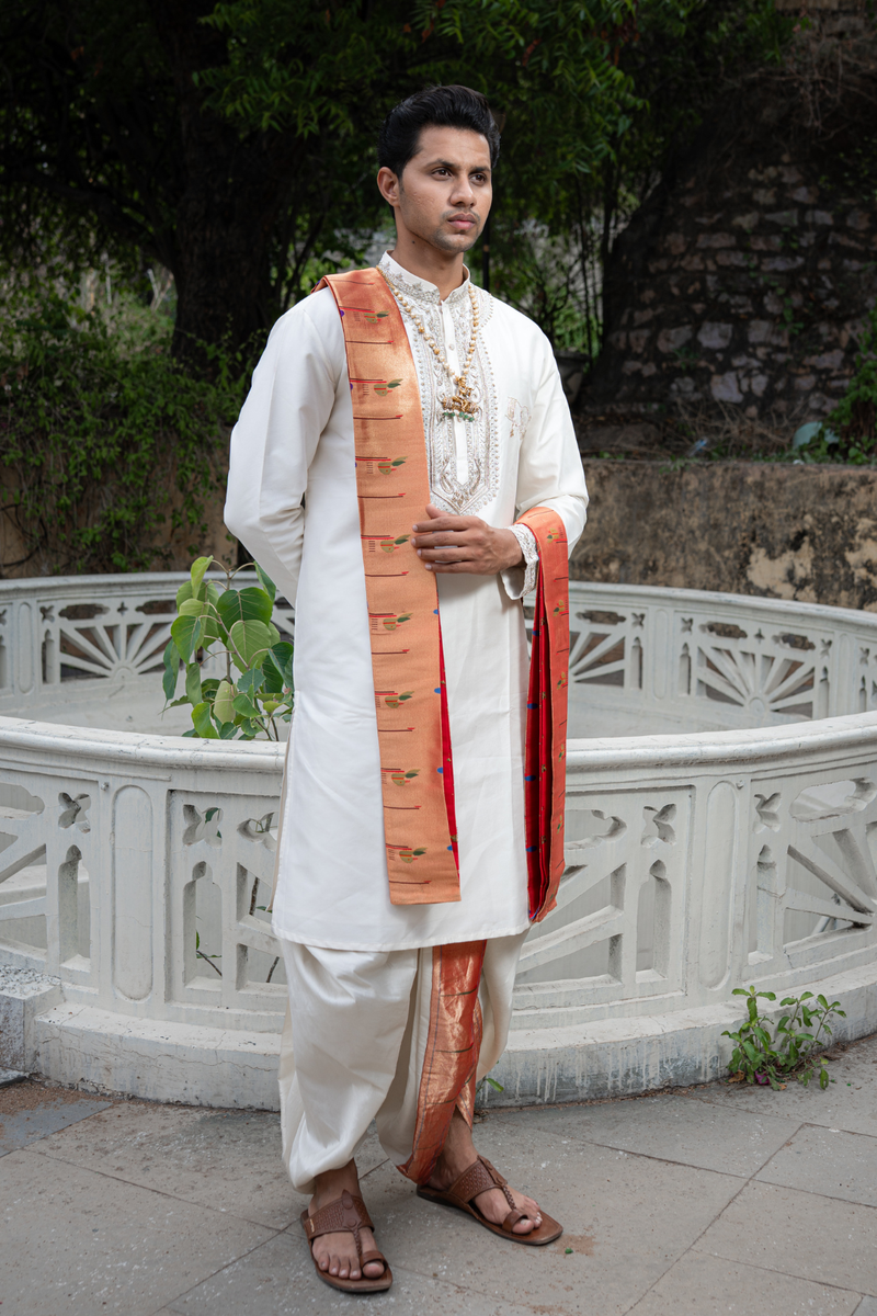 Swarna Sparsha Kurta, Dhoti & Stole Set | Premium Embroidered Men's Wedding & Festive Ethnic Wear