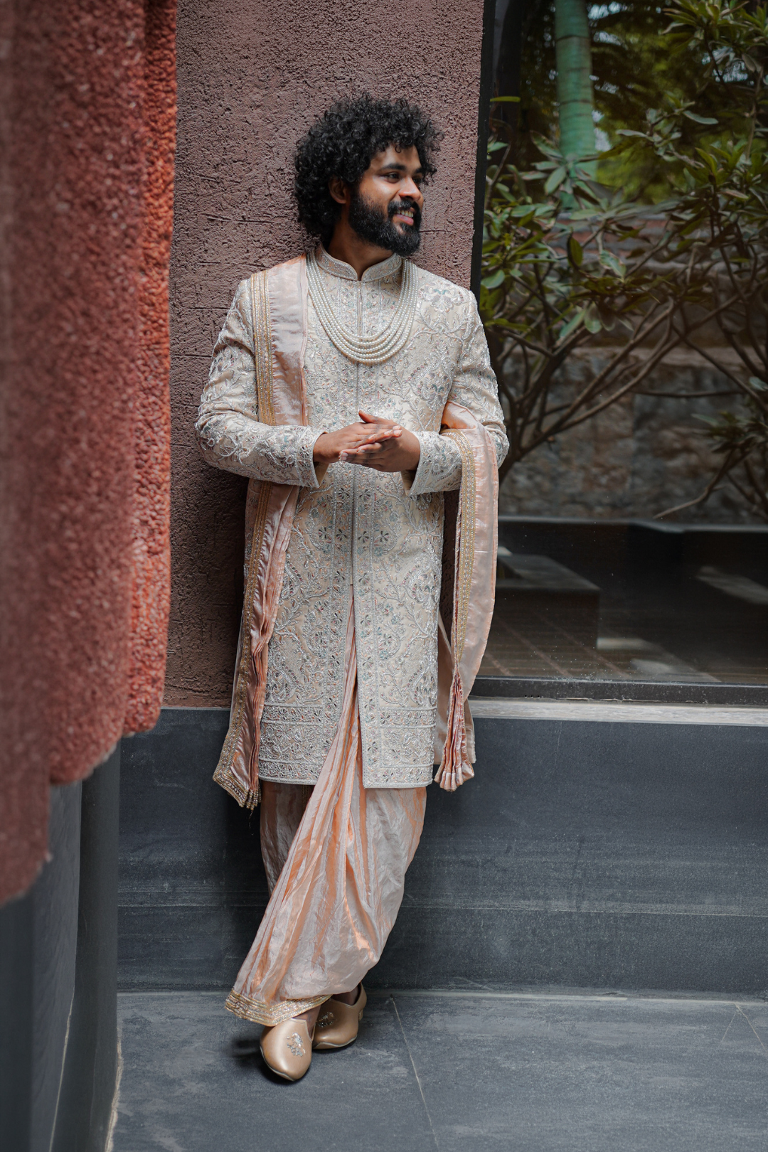 Ivory & Blush Pink Embroidered Groom Sherwani Set with Stole