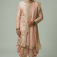 Peach Silk Floral Embroidered Sherwani Set with Dhoti Pants & Dupatta