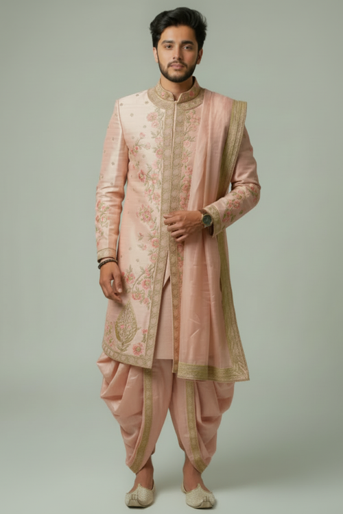 Peach Silk Floral Embroidered Sherwani Set with Dhoti Pants & Dupatta
