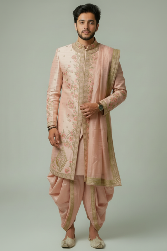 Peach Silk Floral Embroidered Sherwani Set with Dhoti Pants & Dupatta
