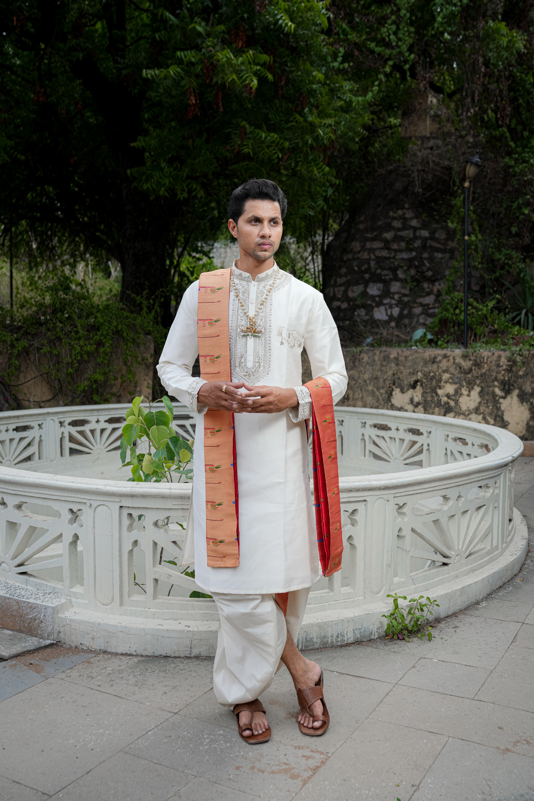 Swarna Sparsha Kurta, Dhoti & Stole Set | Premium Embroidered Men's Wedding & Festive Ethnic Wear