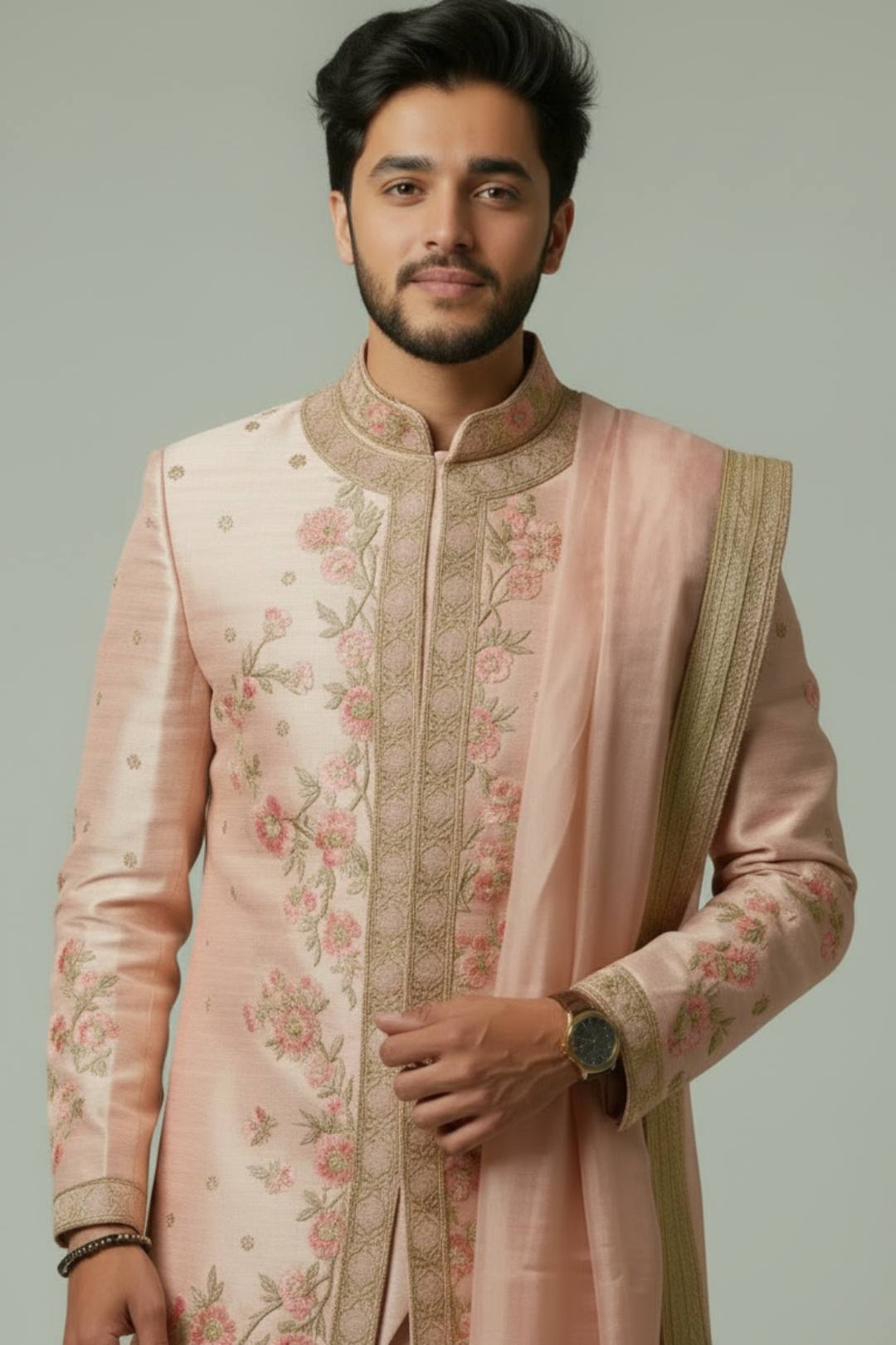 Peach Silk Floral Embroidered Sherwani Set with Dhoti Pants & Dupatta