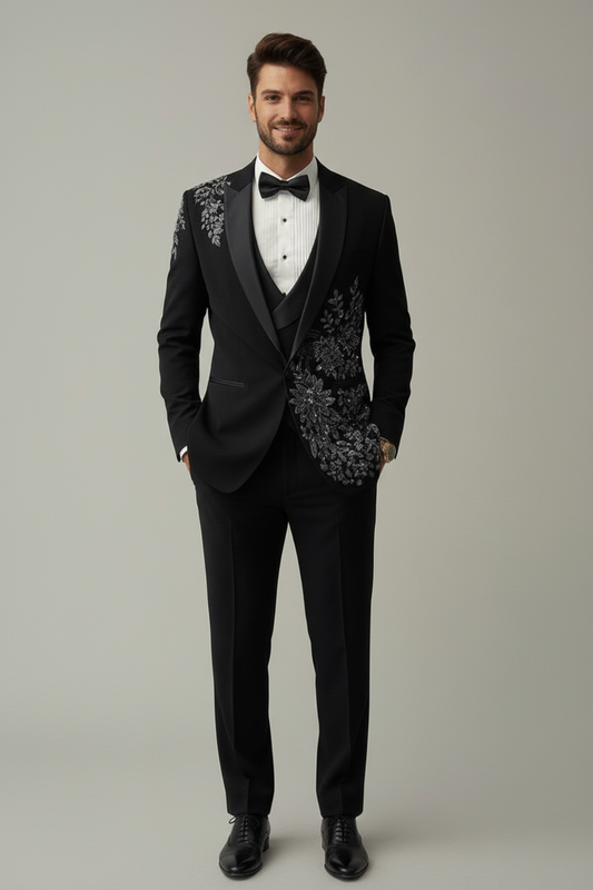 Black Floral embroidered Tuxedo with Trousers