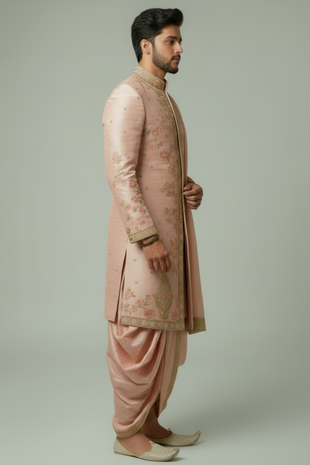 Peach Silk Floral Embroidered Sherwani Set with Dhoti Pants & Dupatta
