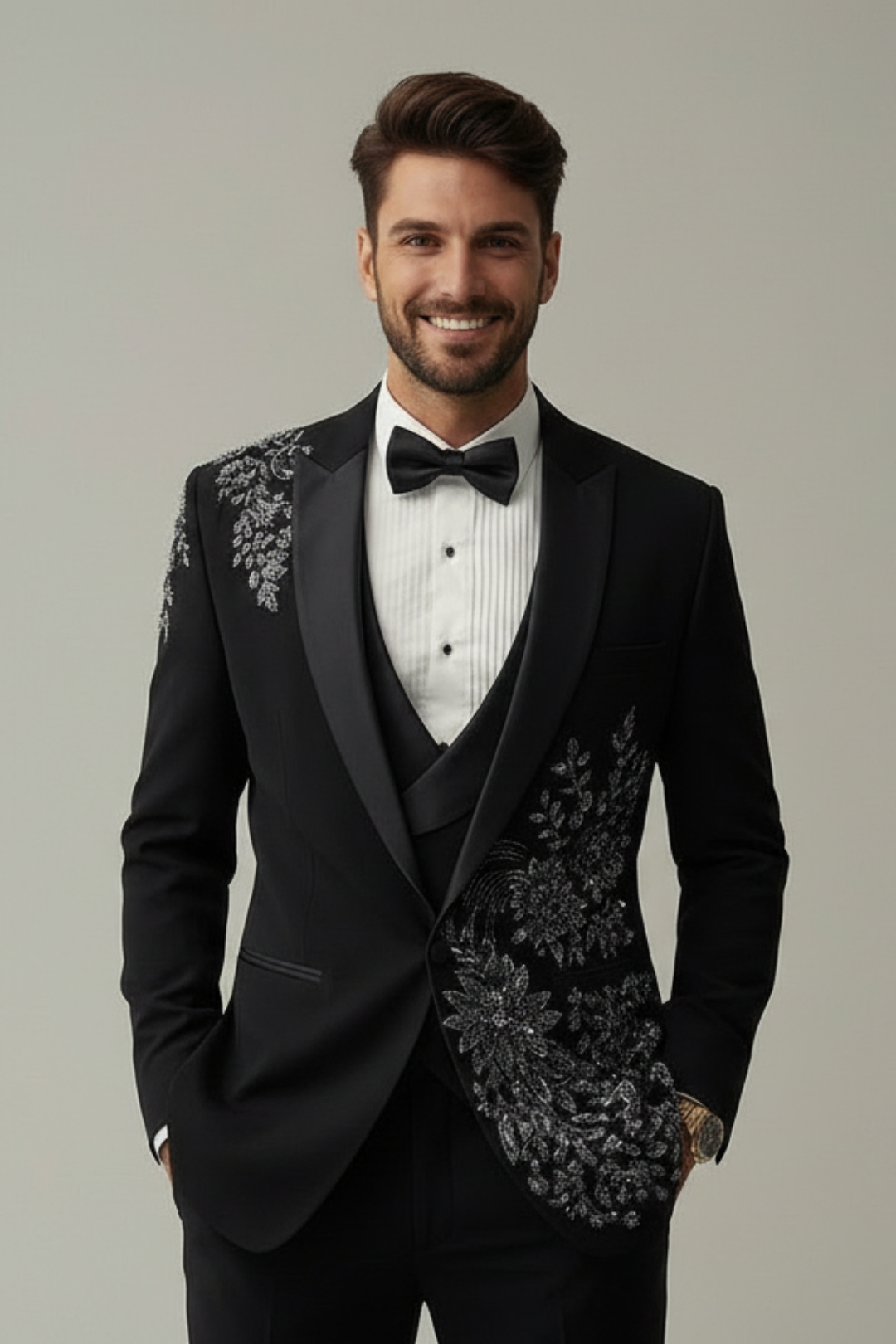 Black Floral embroidered Tuxedo with Trousers
