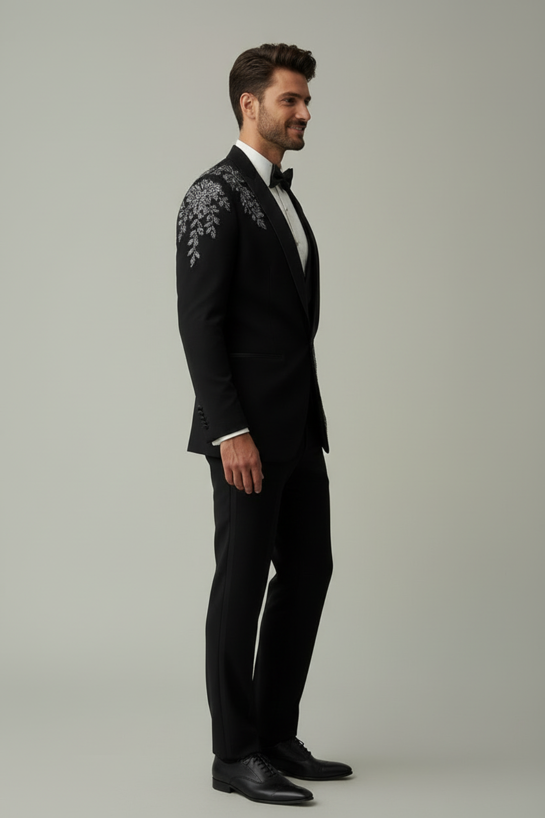 Black Floral embroidered Tuxedo with Trousers