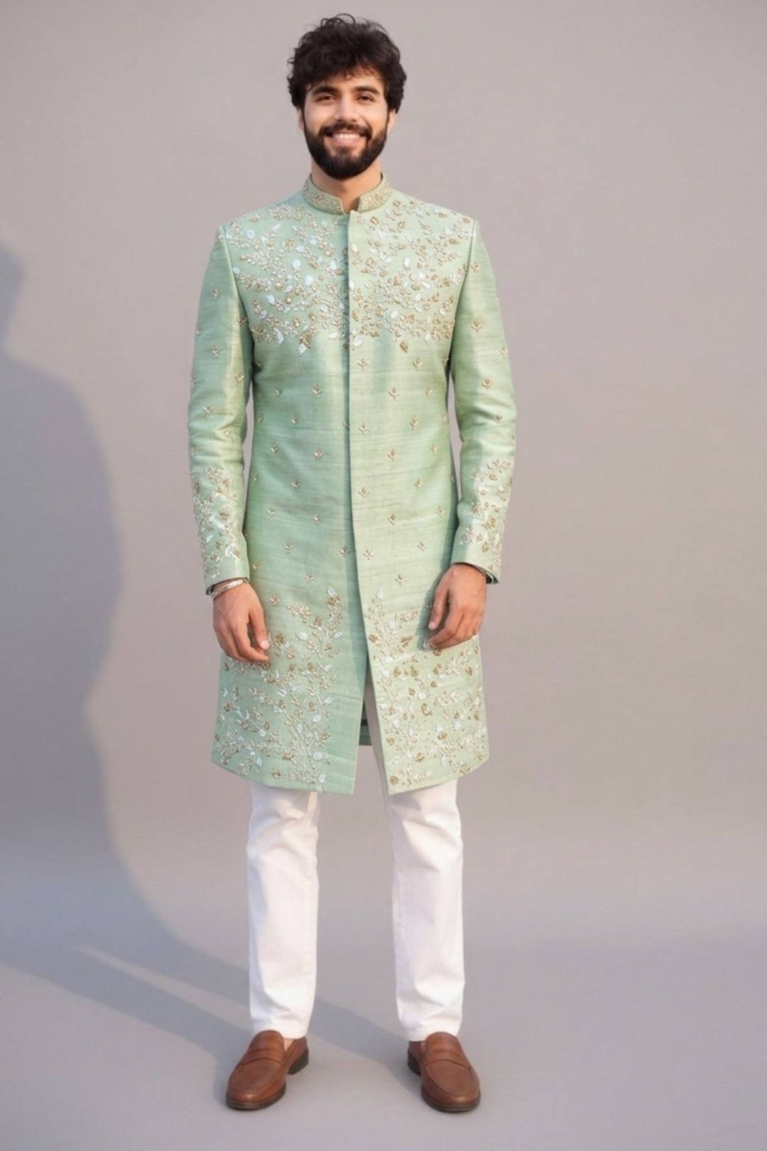 Green colour embroidered designer sherwani